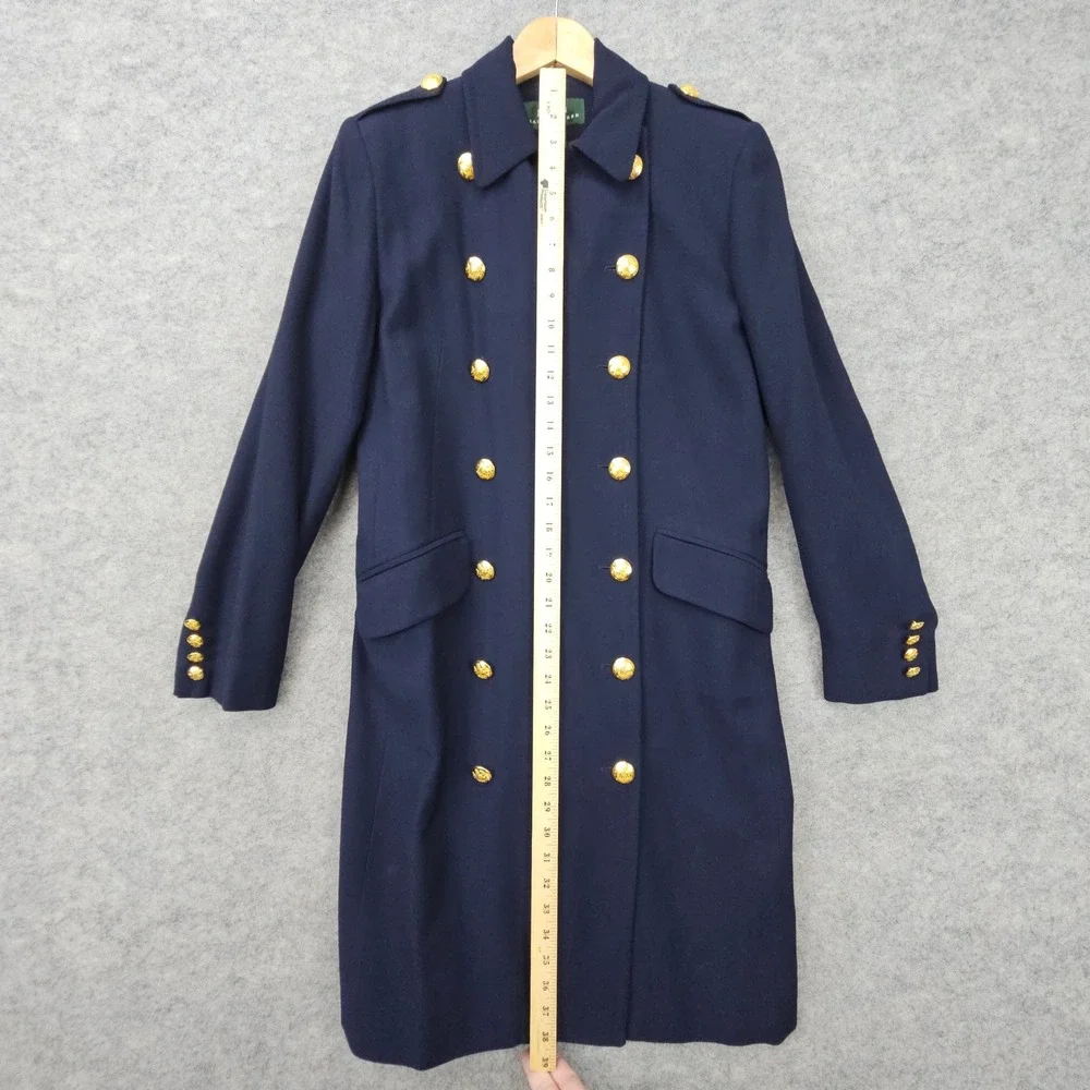 Ralph Lauren Women's Navy Blue Trench Coat Size 10 Wool Military Crest Buttons‎